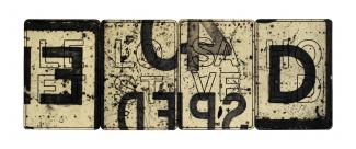 print in long horizontal format with layers of letters from road signage