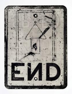 black & white print of two road signs, one of them reads 'END' with the N in reverse. 